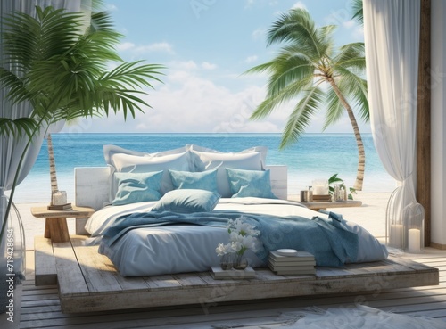 a beach bedroom with a bed ocean blue © panu101