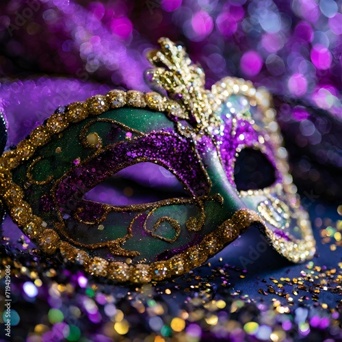 close-up mardi-gras mask with dark blurred background and bokeh effect