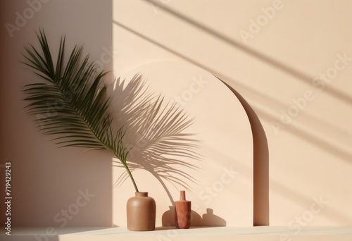 simple brown window decoration frame with palm tree simple living things The sun shines on it. Simple ceramic  light pink and light beige.