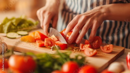 A close-up of a chef's hands slicing vegetables on a cutting board. The cook's hands are chopping vegetables. Cooking in progress.