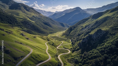Drone shot, aerial photo, serpentine in the Pyrenees, country road in the mountains, Aragnouet, Departement Hautes-Pyrenees, France, Europe