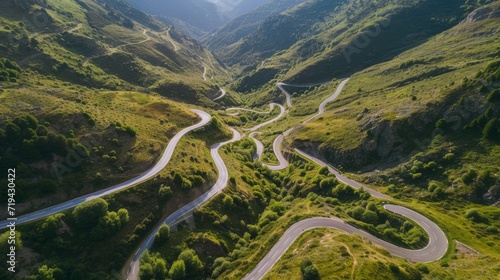 Drone shot, aerial photo, serpentine in the Pyrenees, country road in the mountains, Aragnouet, Departement Hautes-Pyrenees, France, Europe