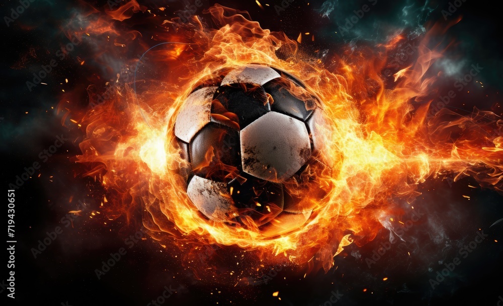 Fototapeta premium A soccer ball is caught in the midst of a blazing fire.