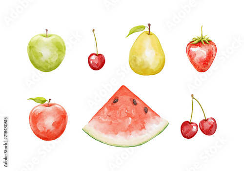 Fototapeta Naklejka Na Ścianę i Meble -  Set of juicy bright cute fruits isolated on white background. Watercolor hand drawn illustration sketch