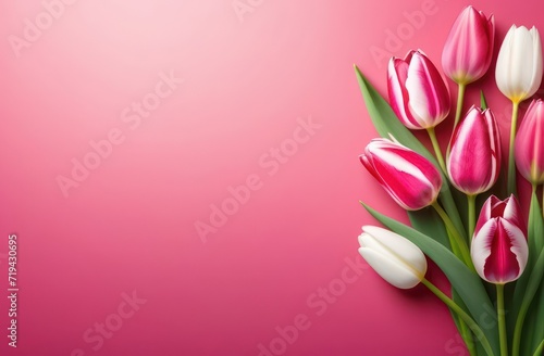 There are pink and white tulips on a pink background and copy space in the center. Concept template, mother's birthday, father's day, Valentine's day
