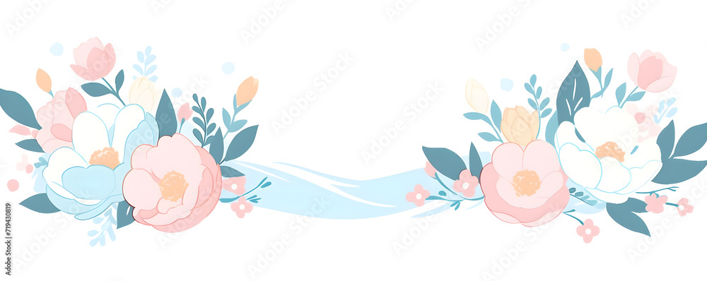 Spring border with flowers pastel delicate colors isolated on white background. Love and romantic floral banner with copy space for Valentine's Day wedding birthday. Flat lay style illustration.