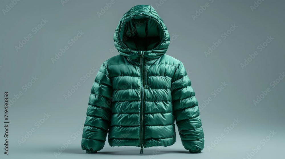Green emerald children's winter autumn jacket with a hood isolated on gray background. Waterproof jacket for child, warm down jacket. Cutout clothing mockup. Fashion, style, outerwear - obrazy, fototapety, plakaty 