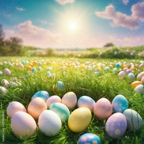 easter scene with eggs in the grass and flowers in the foreground and hills in the background.