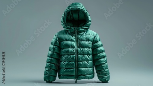 Green emerald children's winter autumn jacket with a hood isolated on gray background. Waterproof jacket for child, warm down jacket. Cutout clothing mockup. Fashion, style, outerwear photo