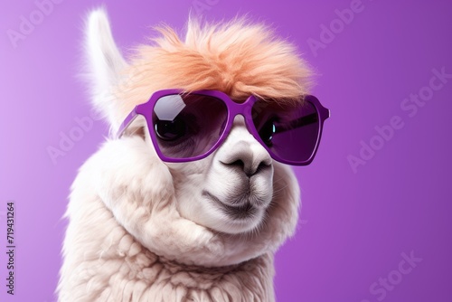 A llama is wearing stylish sunglasses while standing against a vibrant purple background.