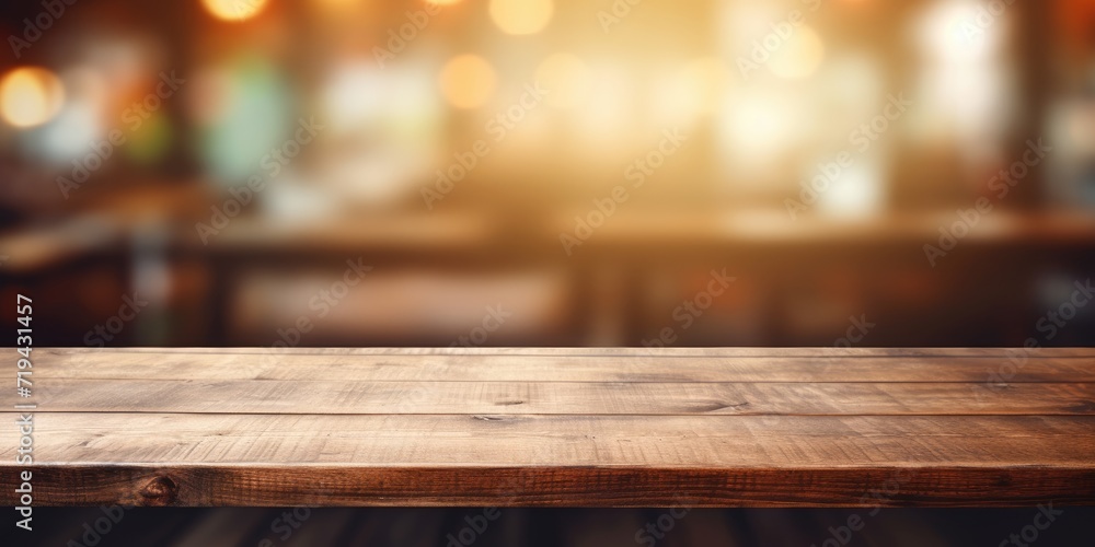 Empty wooden table with blurred background in a coffee shop. Can be used for product display or montage. Vintage filter.