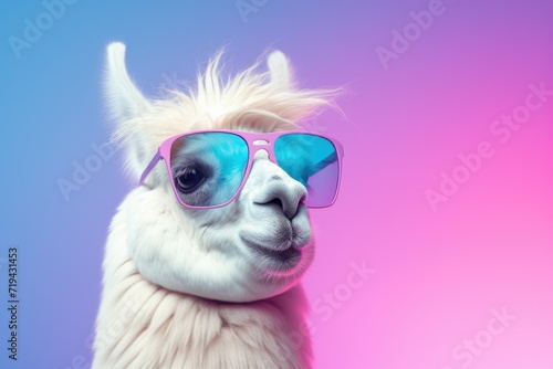 A llama wearing sunglasses stands against a vibrant pink and blue background.