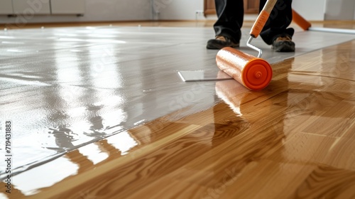 Lacquering wood floors. Worker uses a roller to coating floors. Varnishing lacquering parquet floor by paint roller - second layer. Home renovation parquet photo