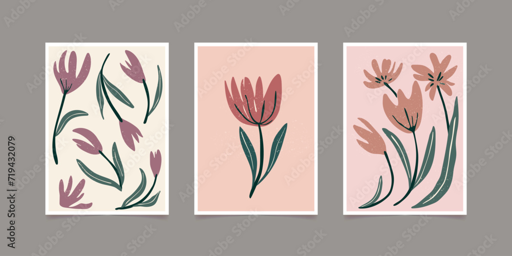 Set of compositions with flowers in a modern style.