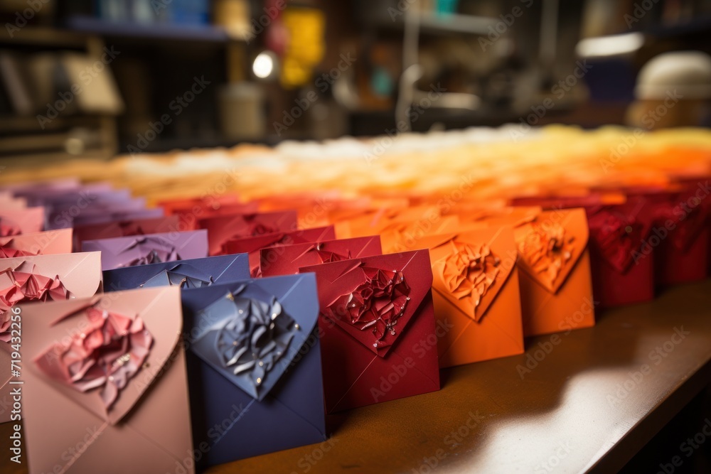 Gradation of origami heart envelopes on a table, transitioning from purple to fiery orange Gradation of origami heart envelopes on a table, transitioning from purple to fiery orange