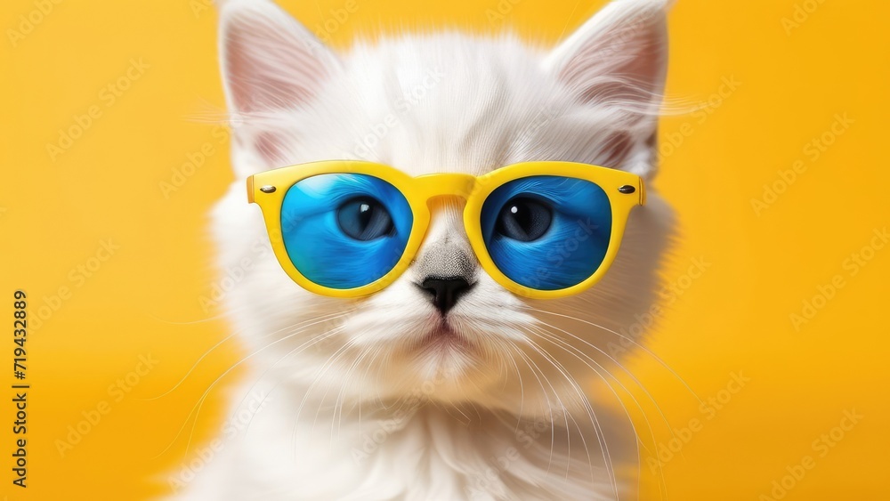 Fototapeta premium white kitten in sunglasses. Funny cat on a bright yellow background. Cool pet. Fashionable style. Summer vacation, travel concept. Funny animal for banner, flayer, poster, card with copy space