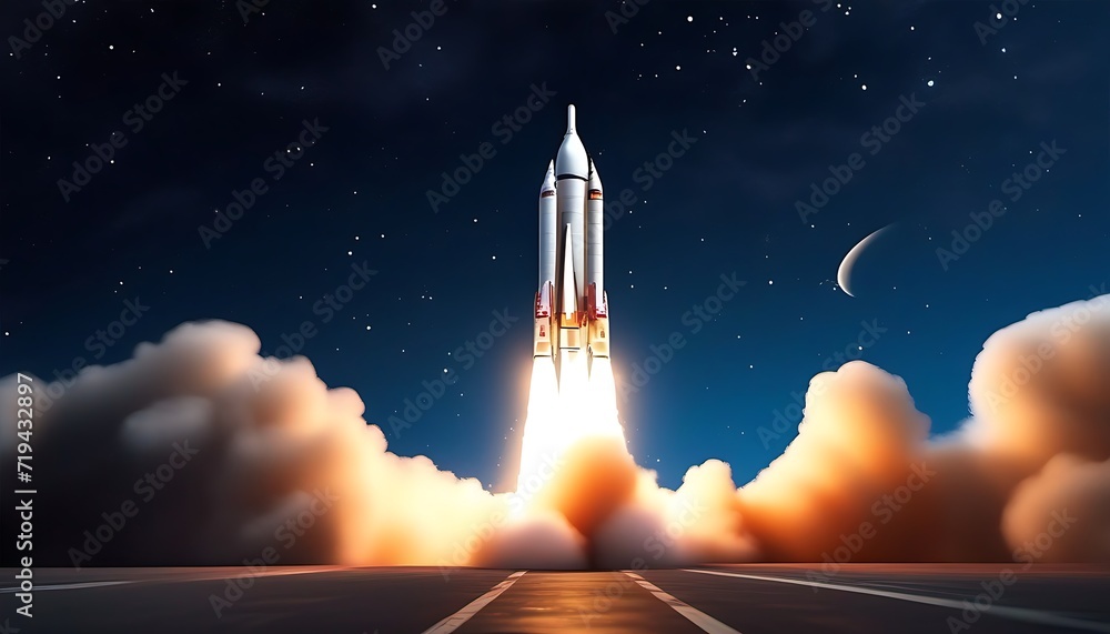 Fototapeta premium Rocket with smoke around successful lunch to the space. Success, progress, successful, goal, project lunch, idea, start concept. Creative business illustration