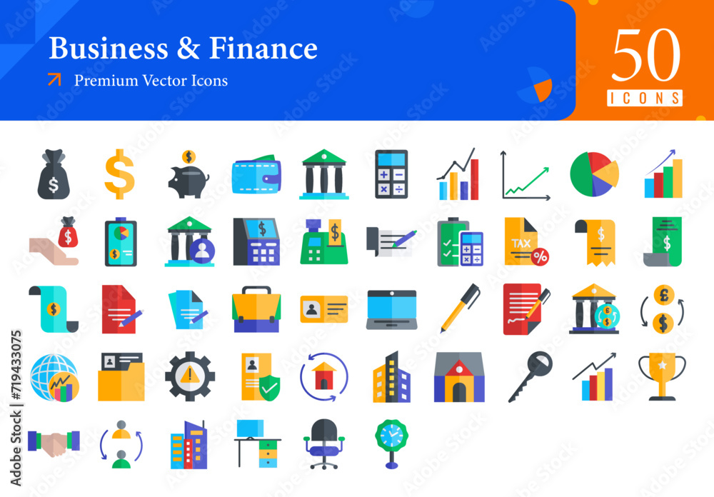 Fototapeta premium Set of Business icons. Business and Finance web icons in line style. Money, bank, contact, infographic. Icon collection. Flat color icons pack. Vector illustration Ai EPS File