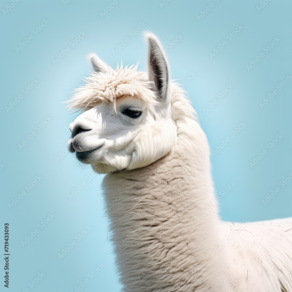 A white llama stands in front of a clear blue sky.