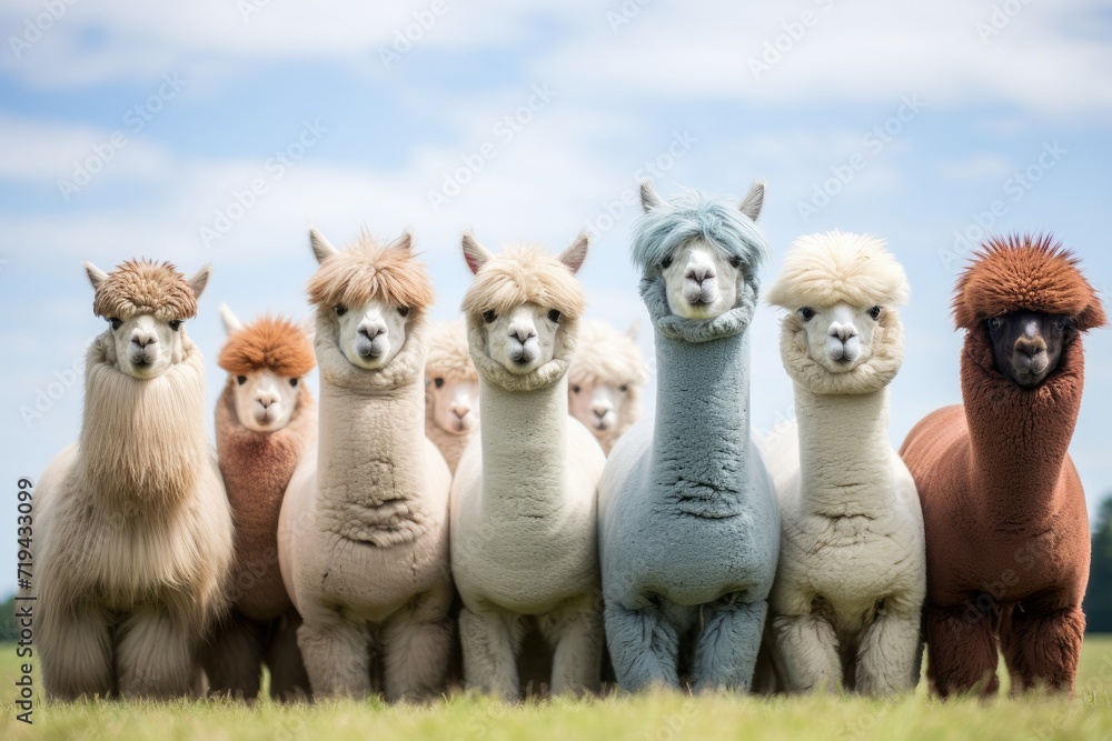 A group of alpacas stand side by side, their fluffy coats blending seamlessly as they graze in a green field.