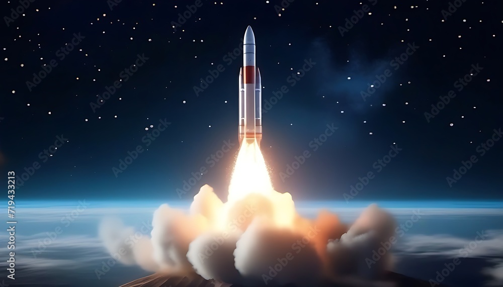 Rocket with smoke around successful lunch to the space. Success, progress, successful, goal, project lunch, idea, start concept. Creative business illustration