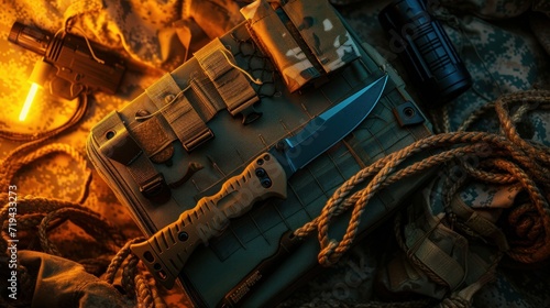 Military composition with a knife and a rope. Rope and sleeves on a military box. Warm yellow light. Knife and flashlight pocket. View from above photo