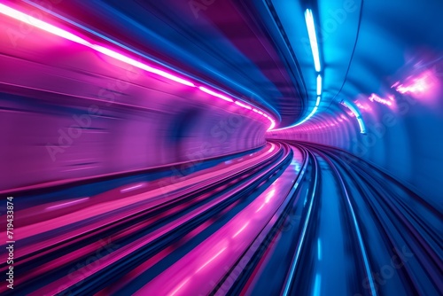 Fast underground subway train racing through the tunnels. Neon pink and blue light