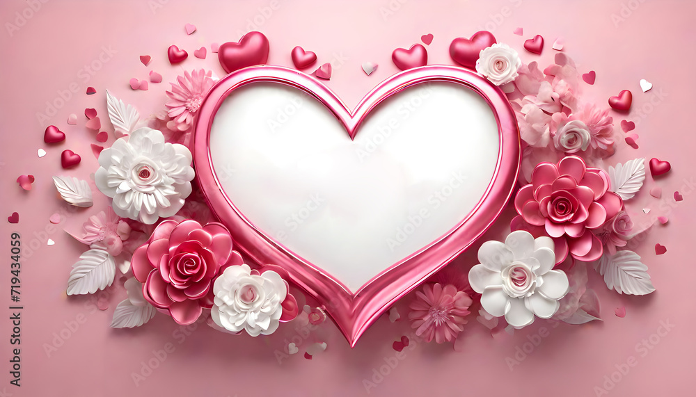 Pink background with heart and roses, Valentine's Day Heart and Flowers on a Pink Background, beautiful Pink 3D heart wallpaper, Valentine background card mockup with pink roses, empty picture frame