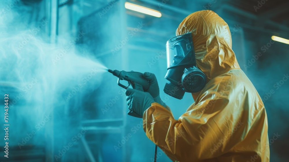 Powder coating of metal products. Paint coating industry metal powder coating painting metal parts. Coveralls worker with spray gun painting steel products. Metalwork workpiece factory paint air spray Powder coating of metal products. Paint coating industry metal powder coating painting metal parts. Coveralls worker with spray gun painting steel products. Metalwork workpiece factory paint air spray