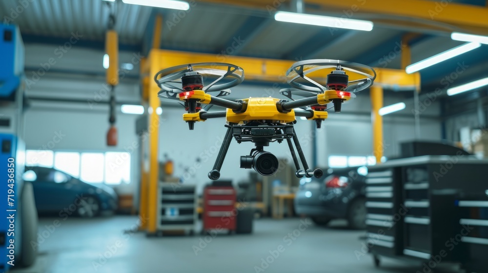 Spare part delivery drone at garage storage in leading automotive car service center for delivering mechanical shipping component part assembling to customer. Modern innovative technology and gadget