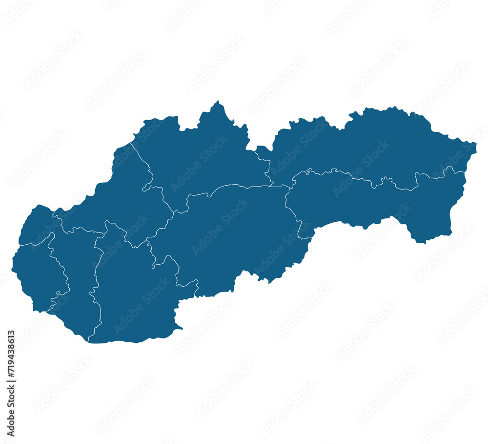 Slovakia map. Map of Slovakia in eight mains regions in blue color