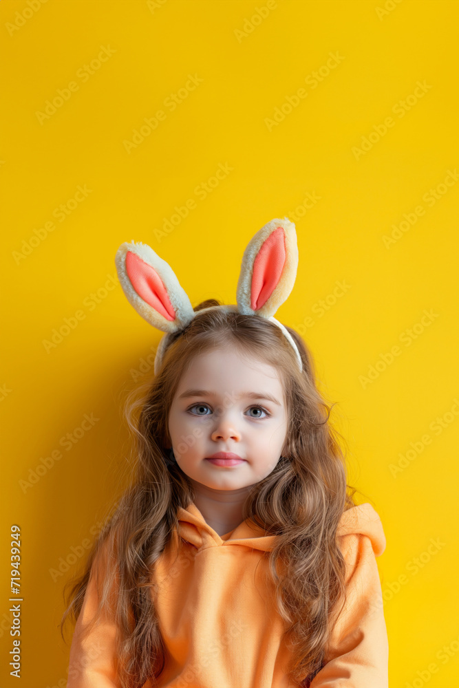 Portrait of cute little blue eyed girl wears white toy bunny ears against yellow background