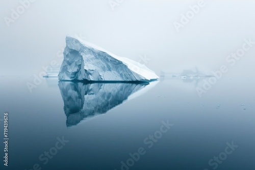 A lone iceberg mirrored in the serene sea, under a diffuse light.