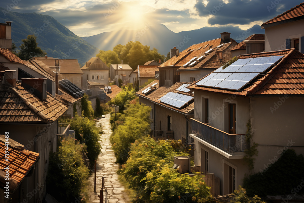 Modern solar panels on the roofs of houses in an old european town. Future Energy. Generative AI tools
