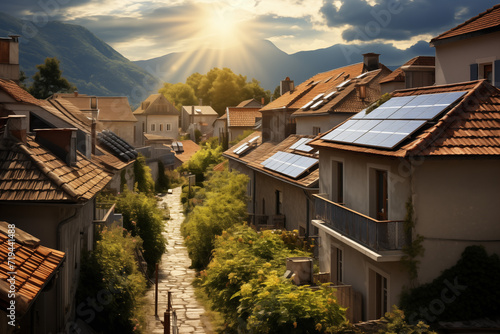 Modern solar panels on the roofs of houses in an old european town. Future Energy. Generative AI tools