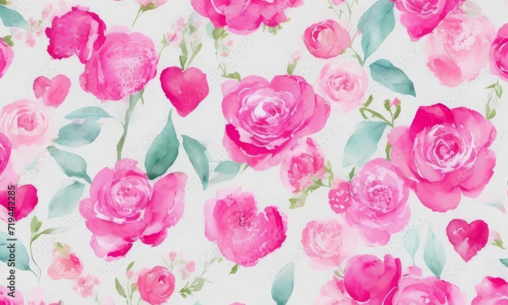 Pattern with pink flowers and hearts