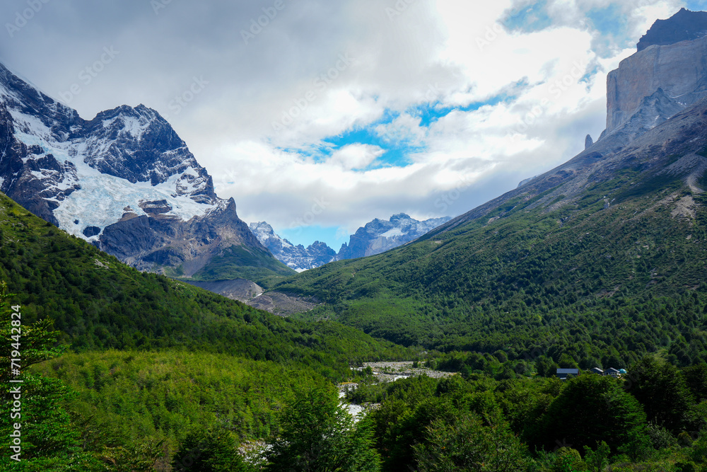 Mountain Valley with Evergreen Forest, Snowcapped Mountains - Britanico Looking, Torres del Paine, Chile 