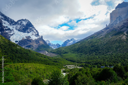 Mountain Valley with Evergreen Forest, Snowcapped Mountains - Britanico Looking, Torres del Paine, Chile 