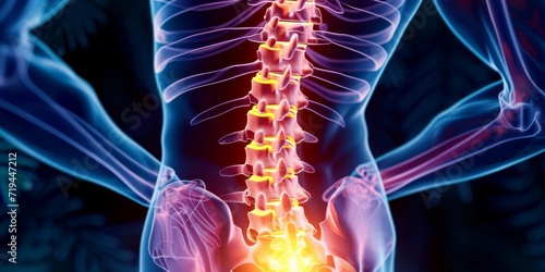 illustration of an X-ray showing a patient's lower back pain with detailed spinal anatomy