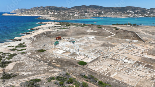 Aerial drone photo of Despotiko islet ancient sanctuary archaeological site, Antiparos island, Cyclades, Greece photo