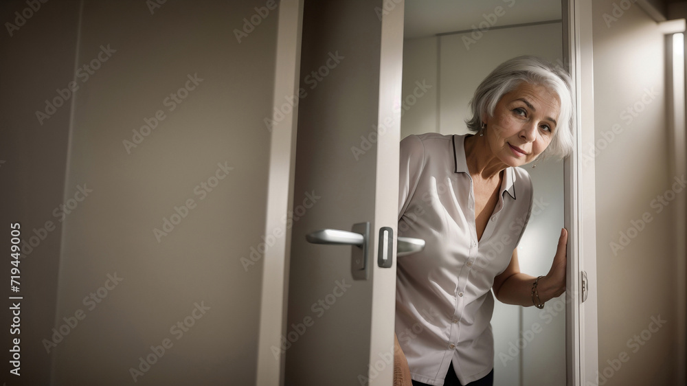 Gray-haired elderly woman smiling, looks out from behind door to outside of room, with copy space