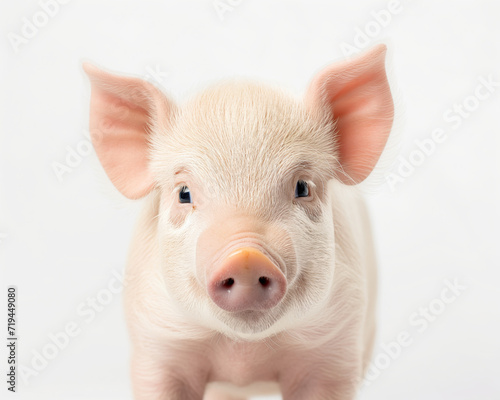Charming Piglet Portrait with Soft Smile and Pure White Background