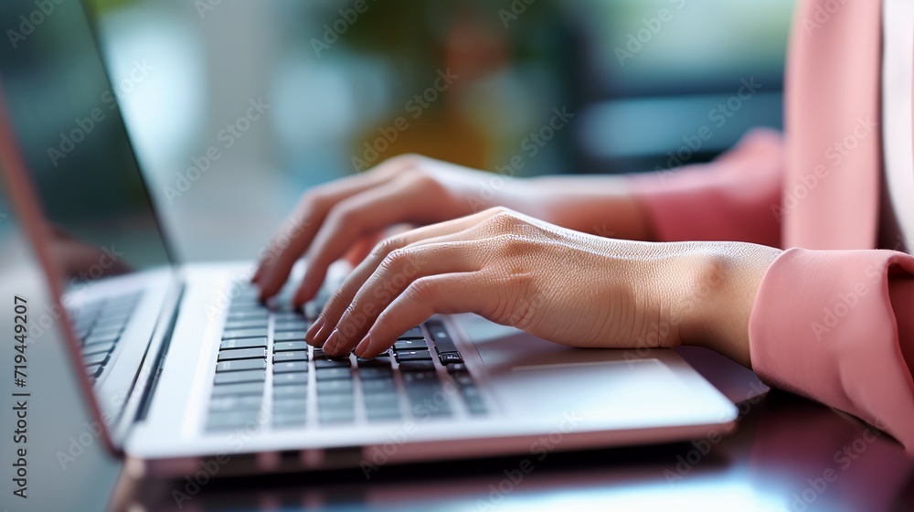 woman in office is writing and typing with hands and fingers on laptop keyboard woman in office is writing and typing with hands and fingers on laptop keyboard