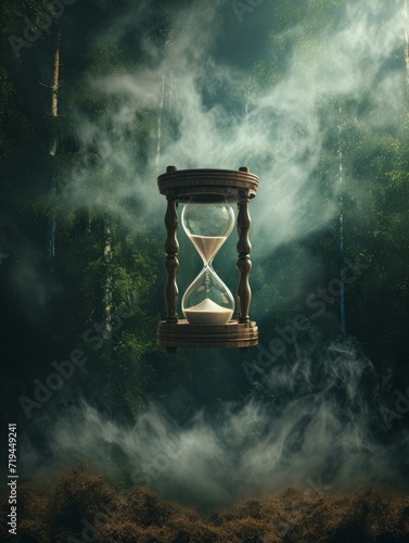 Hourglass in the clouds. Conceptual image of time passing. A surreal image of a floating hourglass in a dreamlike clouds setting, representing the fluidity of time and the fleeting nature of moments.