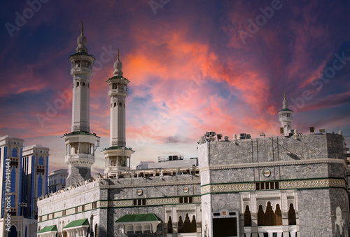 The minarets of the Meccan Kaaba with amazing sunset. Mecca, Saudi Arabia