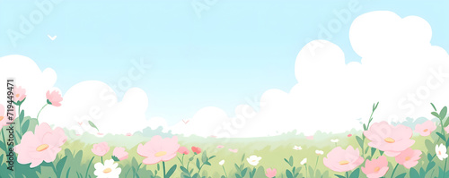 Panoramic kids flat illustration of meadow with wildflowers on a background of mountains, blue sky and clouds. Banner with spring, summer flowers field. Cheerful nature landscape with copy space. 