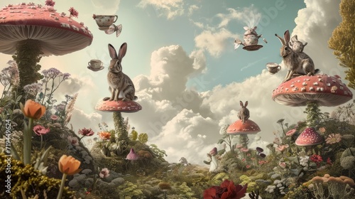 A surreal landscape featuring hares engaged in absurd activities painting the sky pink, juggling teacups, and balancing on giant mushrooms. Rabbits in the forest. photo