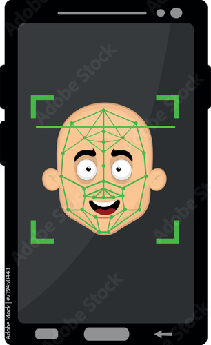vector illustration smartphone device scanning bald man head cartoon, facial recognition concept