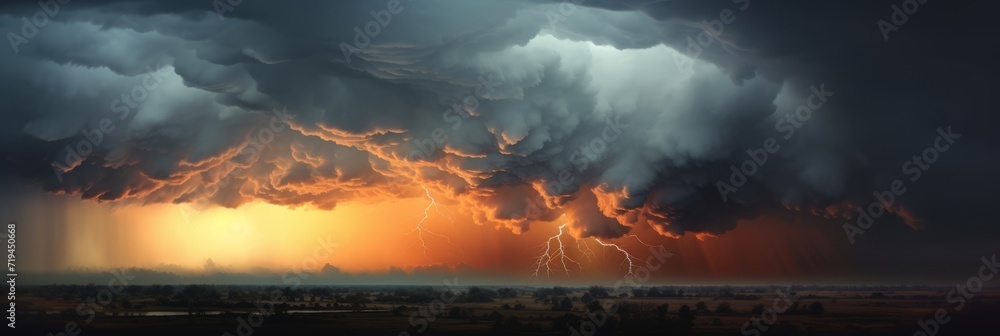 dramatic huge clouds of thunderstorm on sky with sunset