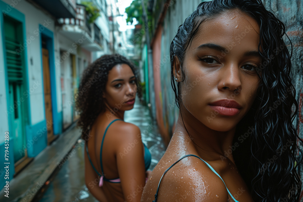 rain-kissed-brazilian-women-in-a-narrow-favela-alley-their-expressions